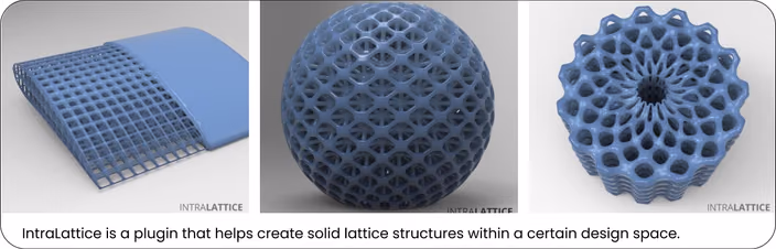 Examples of lattice structures created with IntraLattice: a gridded rectangular lattice, a solid sphere with lattice pattern, and a flowering polyhedra shape