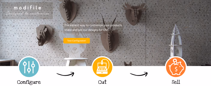 Modifile’s three-step process for custom CNC furniture: Configure designs, Cut with machinery, and Sell online