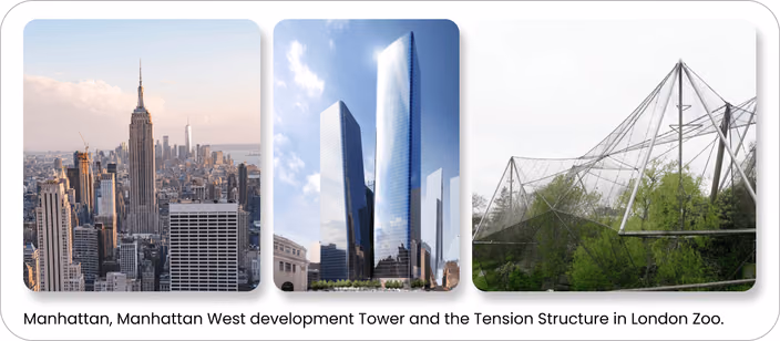 Tobias Fast’s previous projects including Manhattan skyline, a modern high-rise tower, and tension structure at London Zoo