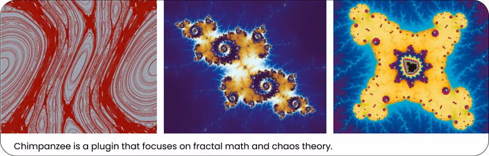 Fractal visualizations generated by Chimpanzee including spiral patterns, Mandelbrot sets, and Julia sets in red, purple, and blue color schemes