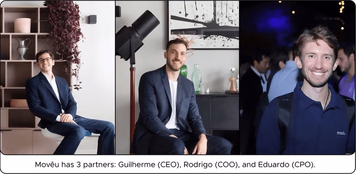 Portraits of Movêu’s three co-founders: Guilherme (CEO), Rodrigo (COO), and Eduardo (CPO)