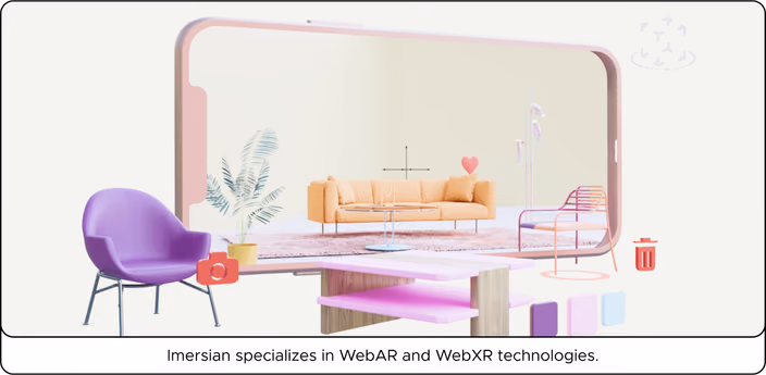 3D visualization of interior furniture including an orange couch, purple chair, and bed shown in an augmented reality interface.