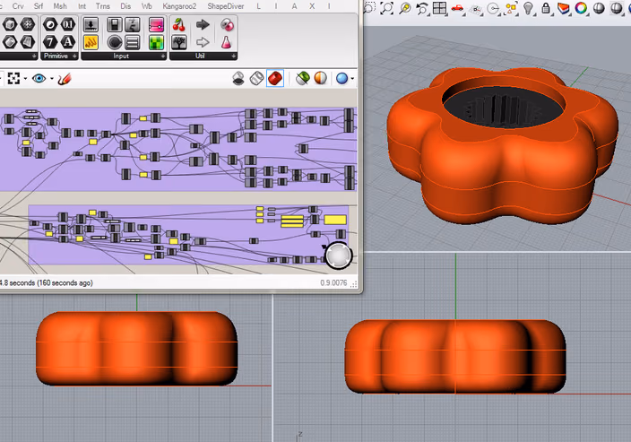 Parametric Grasshopper definition showing multiple design iterations of an ergonomic gripping tool