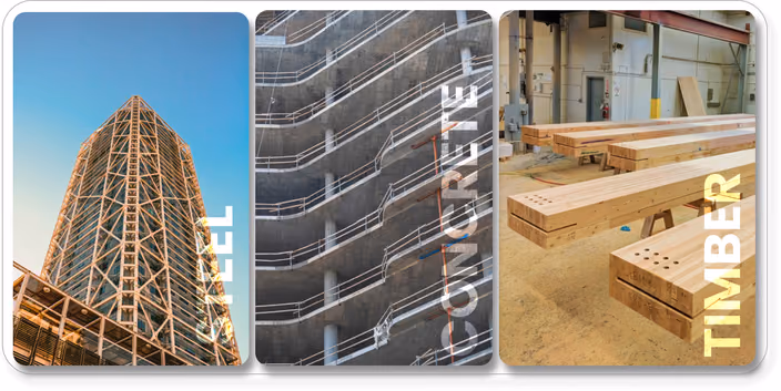 Mass timber construction stages from wooden frame skeleton to interior framing to prefabricated components
