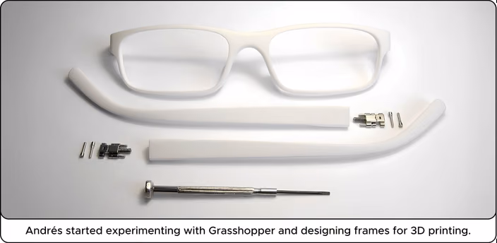 White 3D-printed eyeglass frames disassembled, with a small screwdriver and hinges, placed on a white surface.