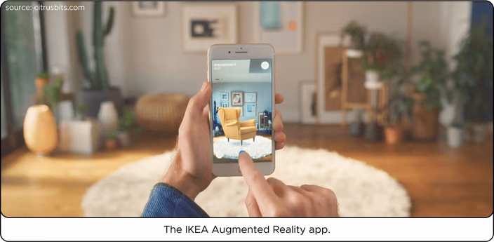 IKEA Augmented Reality app displaying a yellow armchair in a living room through a smartphone screen.
