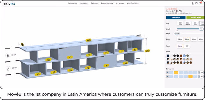 Movêu online configurator showing a customizable shelf with adjustable dimensions, materials, colors, and design options