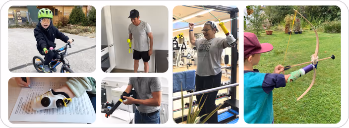 Users of macu4 prosthetics demonstrating various activities including cycling, archery, sports, and climbing