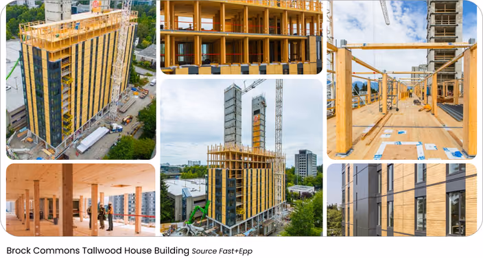 Brock Commons Tallwood House timber construction showing framing from aerial view and interior details at different stages