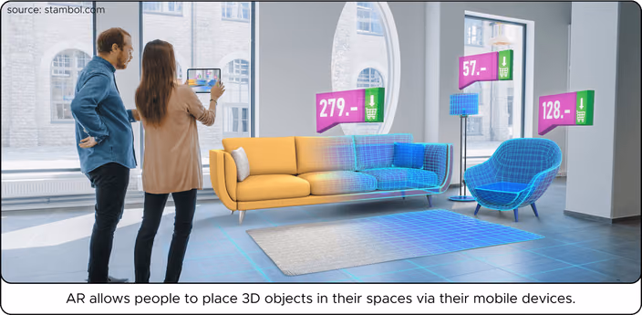 Two people viewing augmented reality furniture with price tags in a bright room with large windows, showing a yellow couch and blue chair.