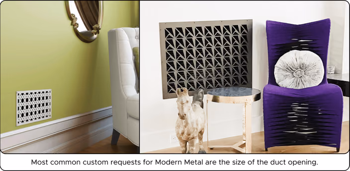 Modern Metal vent covers and panels with geometric patterns installed in different architectural settings, including wall-mounted and furniture insert applications