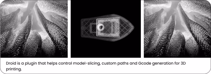 3D printed objects showing lattice structures and a cross-sectional slice view with printing path visualization created using Droid