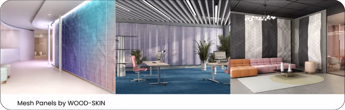 Interior examples of Mesh Panels by WOOD-SKIN in various architectural settings