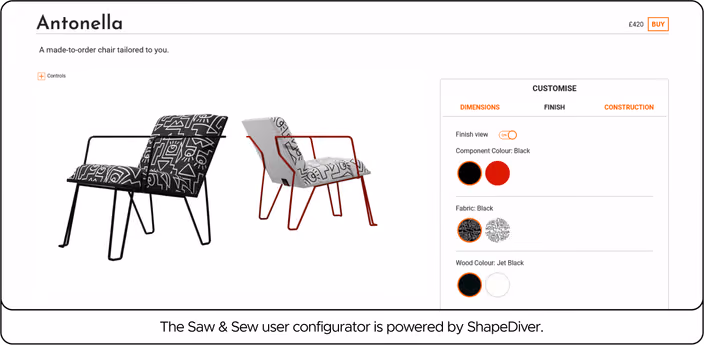 Saw & Sew’s furniture configurator interface powered by ShapeDiver, showing customization options for the Antonella chair.