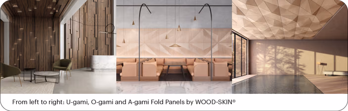 Three variations of Fold Panels—U-gami, O-gami, and A-gami—in contemporary spaces
