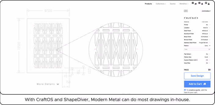 CraftOS configurator interface showing technical drawings and specification panel for customizing a metal panel with material, finish, and dimension options
