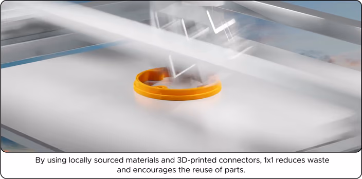 Close-up of a 3D printer manufacturing an orange plastic connector component on a white print surface.