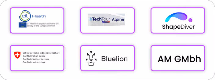 Logos of partner organizations including EIT Health, TechTour Alpine, ShapeDiver, and additive manufacturing companies