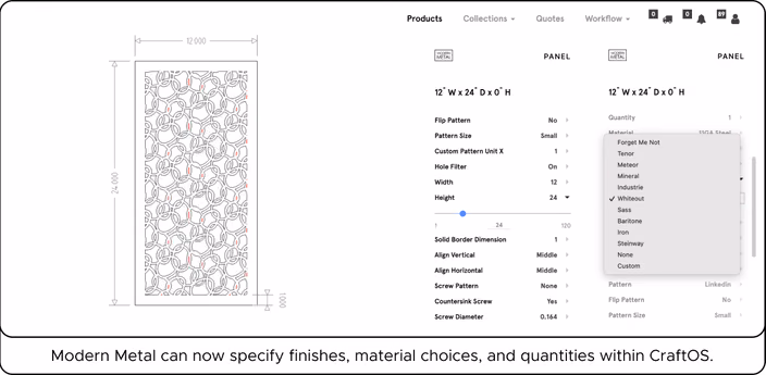CraftOS interface displaying detailed product configuration controls for material finishes, quantities, dimensions, and pattern options for metal panels