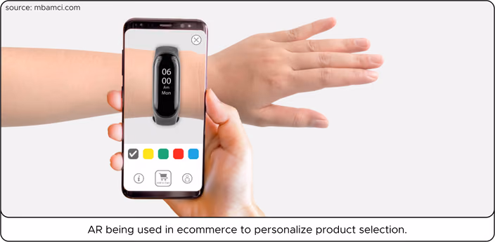 Smartphone displaying an augmented reality smartwatch customization interface with color options and product details.