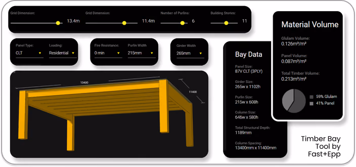 Timber Bay design tool interface showing 3D timber structure visualization with material volume data and adjustable design parameters