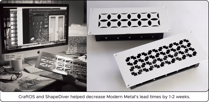Modern Metal’s production workspace showing CAD software with finished metal panel products displaying different geometric patterns