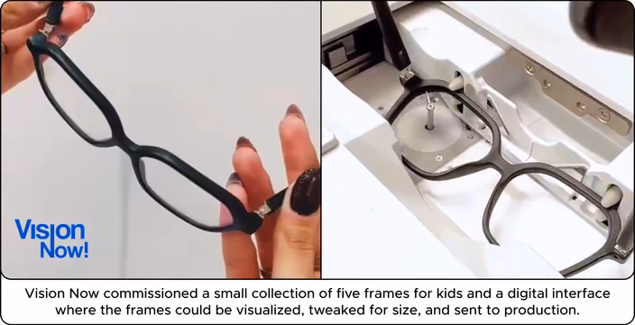Vision Now’s custom eyeglass frames designed with Frame Maker, showing a physical sample being held and frames mounted in the production interface.