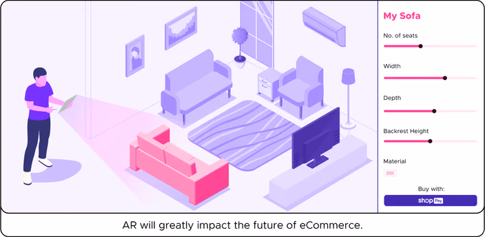 AR interface for customizing a sofa named My Sofa, showing adjustable parameters for seats, width, depth, backrest height, and material selection.
