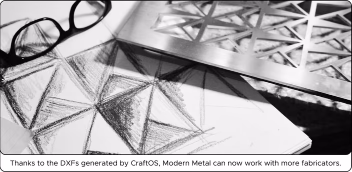 Hand-sketched geometric triangular pattern designs alongside a finished metal panel product with matching pattern, showing DXF workflow