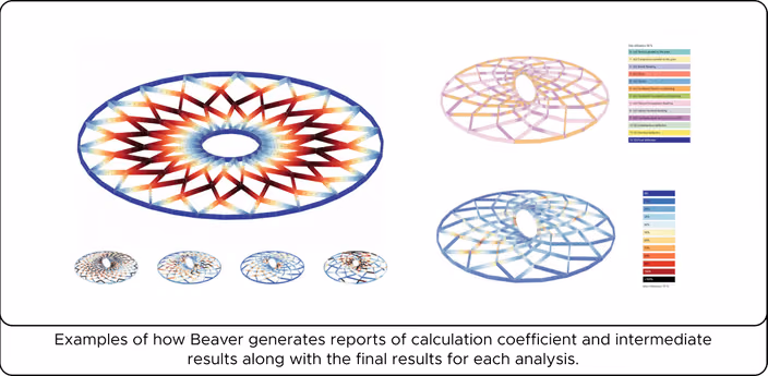 Beaver analysis reports with heat-mapped structural calculation results showing color gradients for stress distribution across timber structures