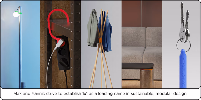 Range of 1x1 products including a floor lamp, neon sign, coat rack, modular furniture, and mechanical handle.