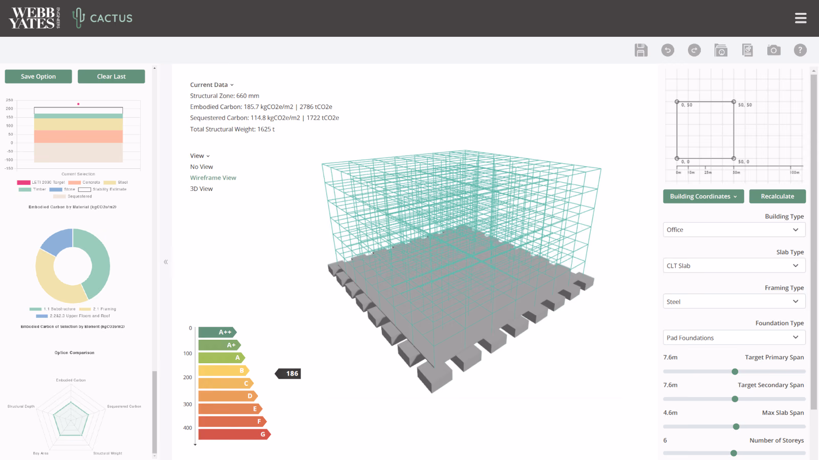 Cactus: embodied-carbon charts and a carbon rating on the left, a 3D wireframe of a building’s structural grid on its foundations in the middle, and the building type, slab, framing, foundation, spans and number of storeys to pick on the right.