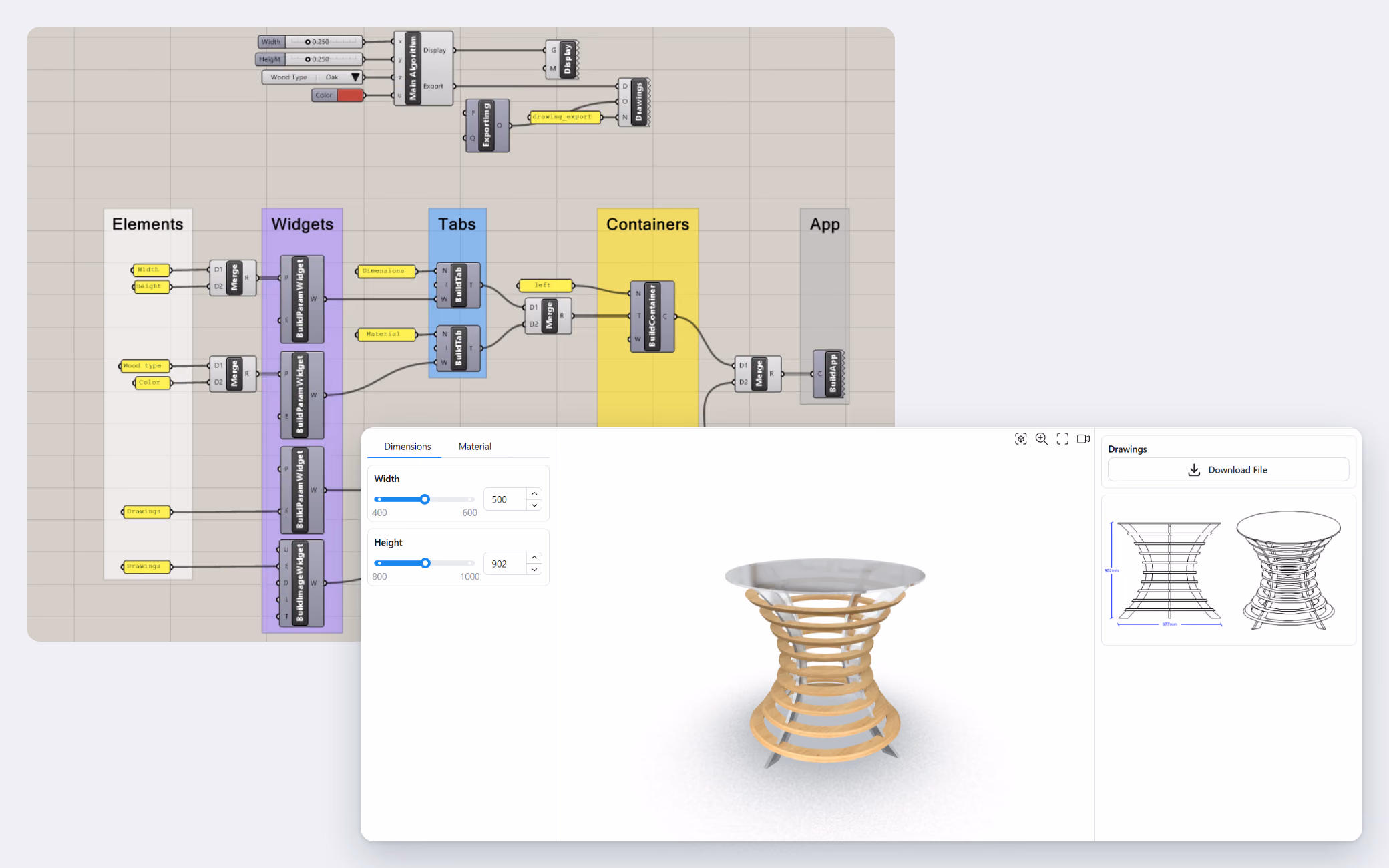A Grasshopper definition for a table with App Builder components grouped as Elements, Widgets, Tabs, Containers, and App, and in front of it the app they produce: Dimensions and Material tabs with Width and Height sliders on the left, the table in the 3D viewer in the middle, and a Drawings panel with a download button and two drawings on the right.