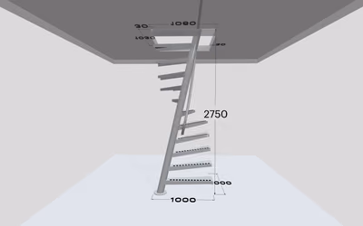 EeStairs’ 1m2 configurator: a compact, steep stair rising through a ceiling opening, with its dimensions marked