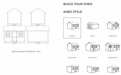 Cornerstone Sheds’ quote builder: front and side elevations of an 8 by 12 ft A-frame shed with the quote subtotal, next to a choice of nine shed styles