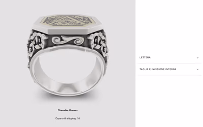 MyNove25 configurator showing the Chevalier Romeo signet ring in silver with an engraved gold top