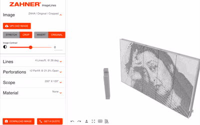 Zahner’s ImageLines visualizer: a perforated metal wall in 3D whose lines form a portrait, next to settings for the image, lines, perforations, scope, and material