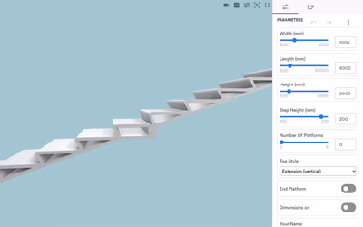 Weber’s slope-stairs configurator: 3D-printed concrete stair steps running up a slope, next to sliders for width, length, height, and step height