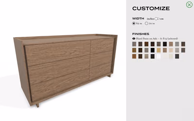 Geovin’s configurator: the Como dresser in hazel-stained ash, next to options for its width and a grid of wood finishes