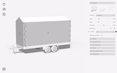 Planen Planen’s configurator: a twin-axle trailer with a tall gable-roof tarp, next to sliders for length, width, side height, and roof options