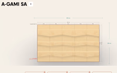 Wood-Skin’s fold-panel configurator: an A-GAMI SA wall of folded wood panels, 500 by 300 cm, with its dimensions marked