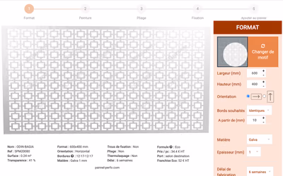 Dampère’s Pannel Perfo configurator: a perforated metal sheet with a square pattern, next to options for size, orientation, borders, and material