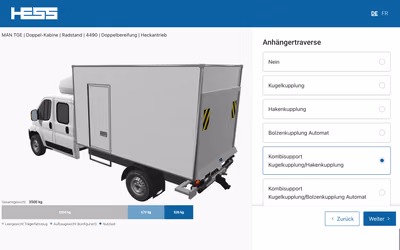 HESS’s configurator: a MAN TGE double-cab truck with a white box body and a trailer hitch in 3D, a bar splitting its 3,500 kg total weight into vehicle, body, and payload, and the options for the trailer coupling