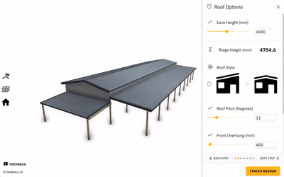 sheds4u’s configurator: a long shed with lean-to roofs on both sides, next to roof options for eave height, ridge height, roof style, pitch, and overhang