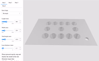 GROWGRID’s generator: a perforated planter insert in 3D next to settings for its shape, length, width, height, and layer thickness