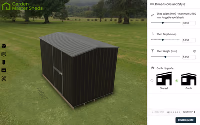 Garden Master Sheds’ 3D builder: a dark metal shed with a gable roof on a lawn, next to sliders for width, depth, and height