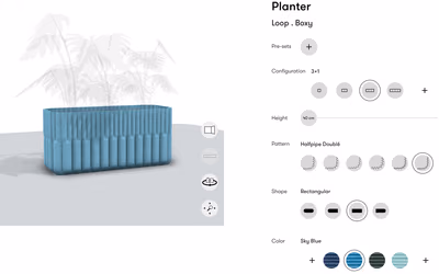 Aectual’s configurator: a long, ribbed, sky-blue 3D-printed planter, next to options for configuration, height, pattern, shape, and color