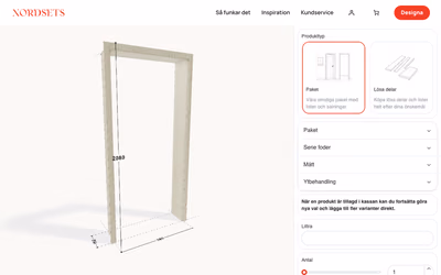 NORDSETS’ design tool: a wooden door frame set in 3D with its height marked, next to options for package, series, size, and finish