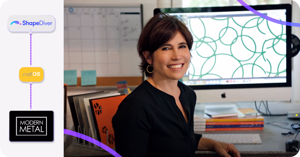 Annie Kantor, founder of Modern Metal, at her desk with a computer displaying a geometric metal pattern design, with logos for ShapeDiver, CraftOS, and Modern Metal.