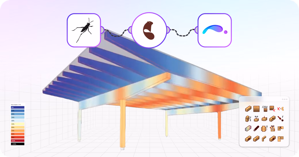 3D parametric timber structure with heat map analysis coloring showing beam stress distribution and icons for timber components.
